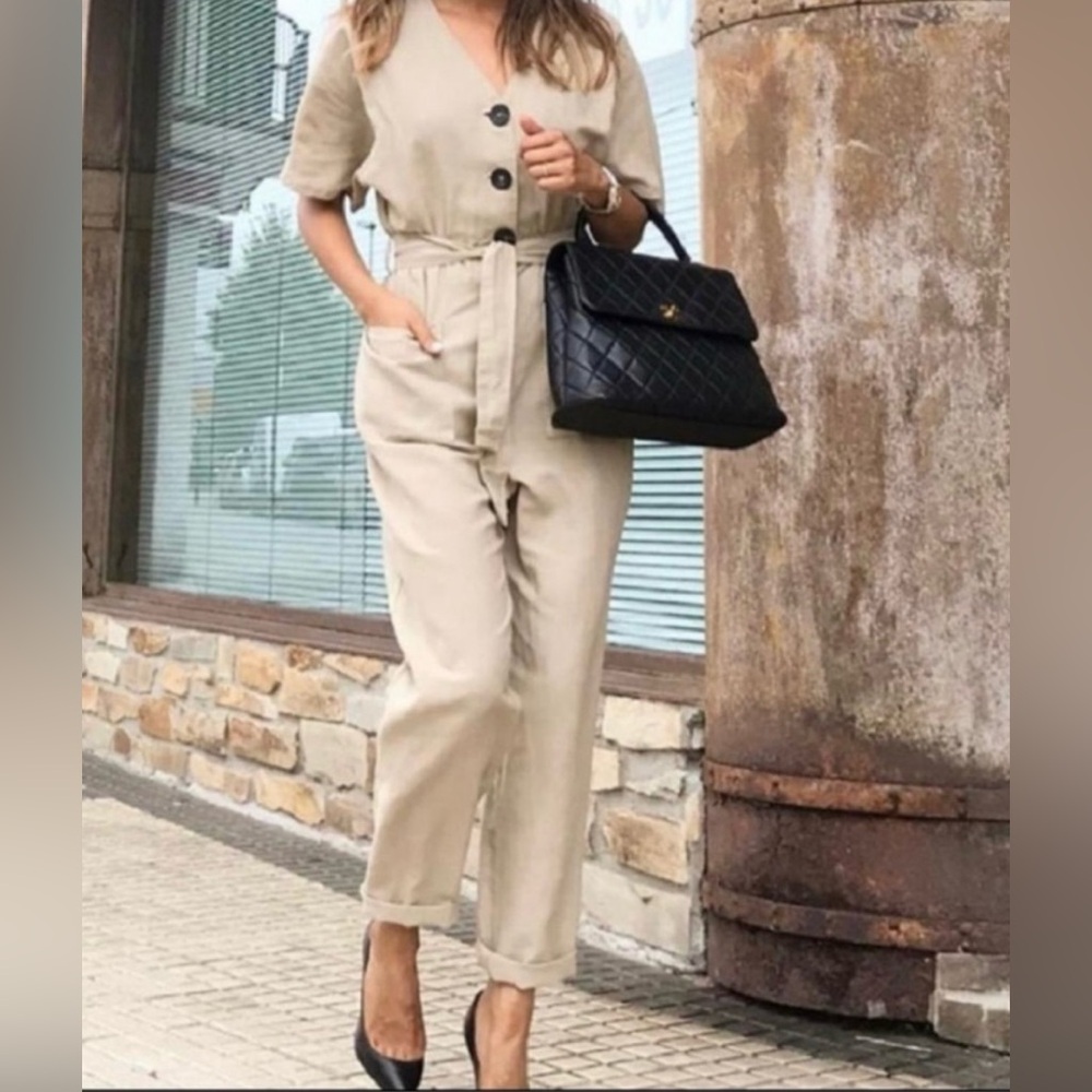 Zara Tan Linen Jumpsuit Size Large